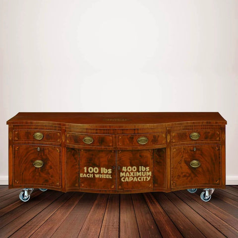 Wood cabinet with 2 Inch Heavy Duty All Steel Swivel Plate Caster Wheels Set of 4 installed, showing wheel capacity markings.