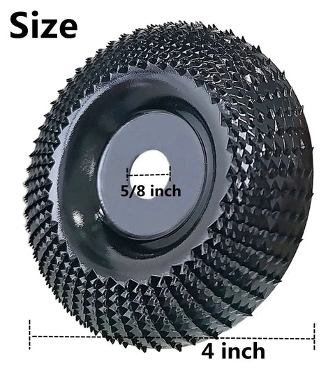 4 Inch Wood Carving Disc For Angle Grinders With Five Eighths Inch Arbor, showing close-up of tungsten carbide teeth.