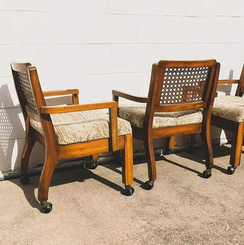 Wooden chairs with cushioned seats using Two Inch Ball Caster Wheels Set Of Four With Five Sixteenth By One And One Half Inch Metal Sockets Antique Gold Finish Polyurethane Wheels For Quiet Rolling Replacement For Sofa Chair And Cabinet Furniture DIY Repair on concrete surface