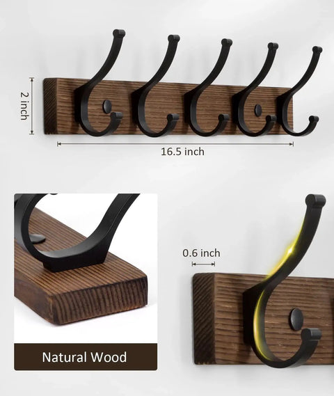 Wall mounted coat rack with five hooks, 16.5 inch wood base, narrow space wall hanger for coats hats bags keys, durable aluminum hooks.