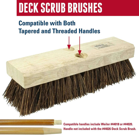 Close-up of 9" Block Size, 5 X 14 No. Of Rows, Wood Block, Palmyra Fill, Deck Scrub Brush with tapered and threaded handle holes.