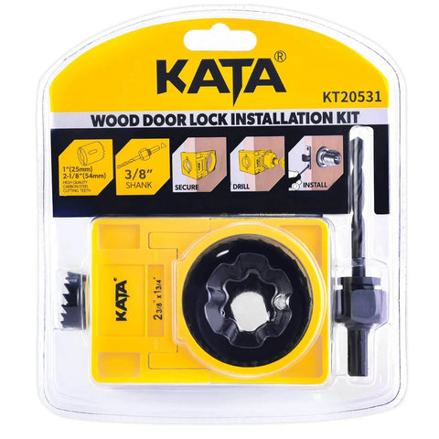 1-3/8" - 1-3/4" Door Lock Installation Kit for Wooden Doors with Guide Template, Door Lock Hole Saw, Carbon Steel packaging