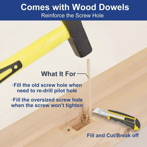 Hammer and wood dowel filling screw hole with utility knife, part of Extended Lip Strike Plate Two And A Half By Two And A Quarter Inch Kit