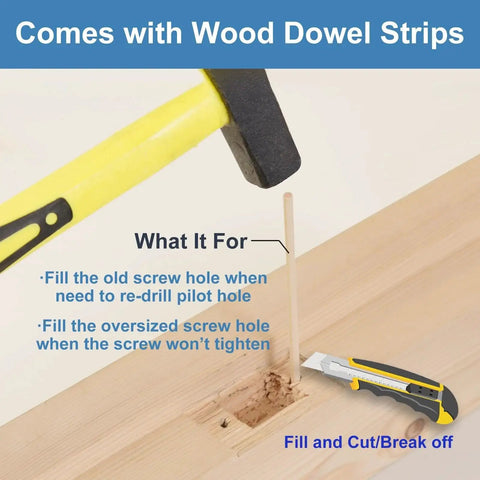 Hammer and utility knife next to wood dowel strip filling screw hole in wooden surface
