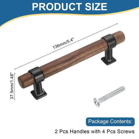 Product size of Two Pack Adjustable Wood Drawer Pulls T Bar Handles With 96mm Hole Center, showing wood handle with screws