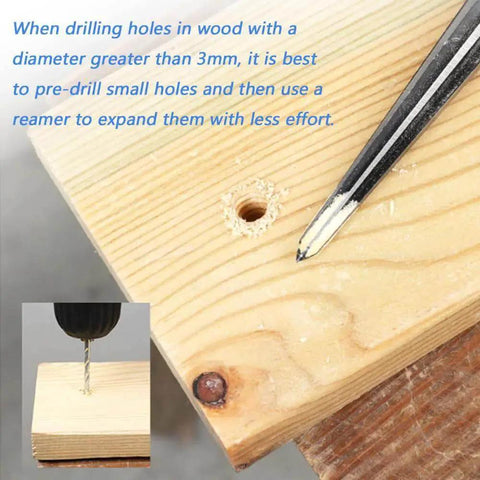 Two Piece T Handle Taper Reamer Set For Bridge Pin Holes Pro Grade in use on wooden plank with visible drilled hole