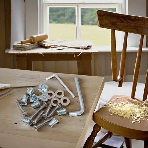 All-In-One 140-Piece 1/4-20 T-Nuts And Threaded Inserts Kit For Wood With 304 Stainless Button Head Hex Socket Bolts, Washers, And Hex Wrenches on a table next to a wood chair.