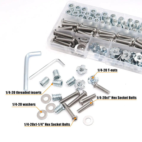 All-In-One 140-Piece 1/4-20 T-Nuts And Threaded Inserts Kit For Wood with stainless bolts and hex wrenches displayed