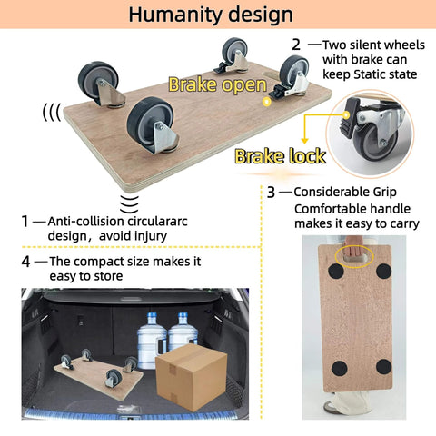 Heavy duty real wood furniture dolly set of 2 with 4 wheels, 2200 lb static load capacity per pair, plywood platform and handle