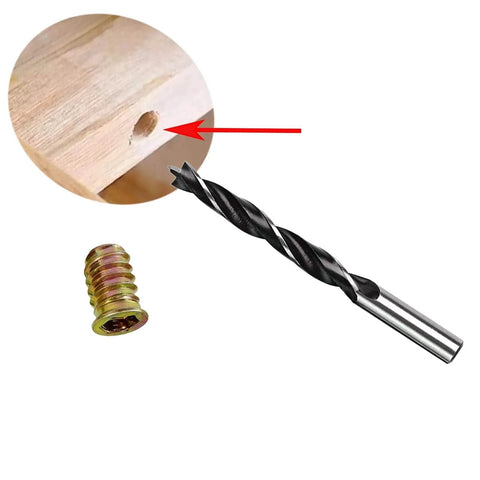 Close-up of a drill bit and wood insert from Furniture Fastener Set With Wood Inserts And Quarter Inch 20 Bolts Includes Drill Bit And Wrenches