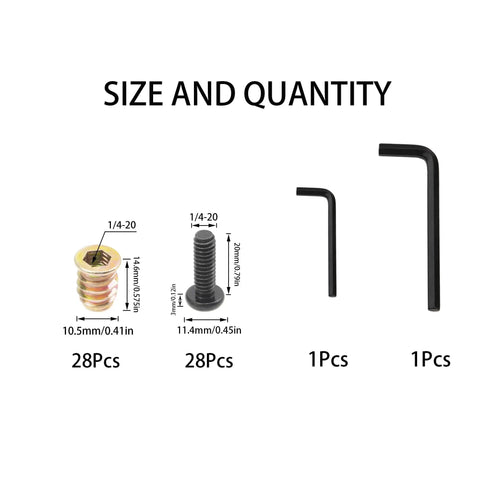 Durable Wood Furniture Screw In Nuts Set By Rrina 28 Sets Includes 1/4-20 Threaded Inserts 19/32 Inch Long And 1/4-20 Screws 25/32 Inch Long With Hex Socket Drive Galvanized Carbon Steel Fasteners For DIY Repairs size and quantity guide showing threaded insert, screw, and hex key.