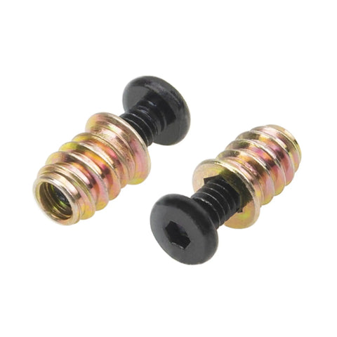 Durable Wood Furniture Screw In Nuts Set By Rrina 28 Sets Includes 1/4-20 Threaded Inserts 19/32 Inch Long And 1/4-20 Screws 25/32 Inch Long With Hex Socket Drive Galvanized Carbon Steel Fasteners For DIY Repairs image showing close-up of galvanized threaded insert and screw set with hex drive.