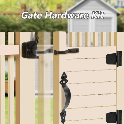 Beefy Wood Gate Hardware Kit With 3-1/2 Inch T Hinges, Heavy Duty Gate Latch, Decorative Gate Handle And Screws installed on wooden gate