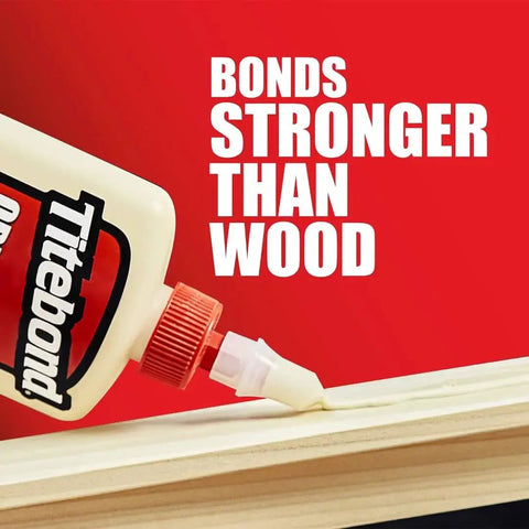Wood Glue 5063 for Woodworking and Furniture Repair, fast set, non-toxic, 8 oz bottle applying glue on wood surface.