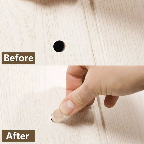 Wood Hole Plugs Set With 160 Pieces In Four Sizes Flat Head Wooden Plugs For Furniture Repair And Craft Projects Diy Friendly Three Sixteenths Of An Inch Five Sixteenths Of An Inch Three Eighths Of An Inch And One Half Inch Paintable And Stainable in use on furniture before and after photos showing plug installation.