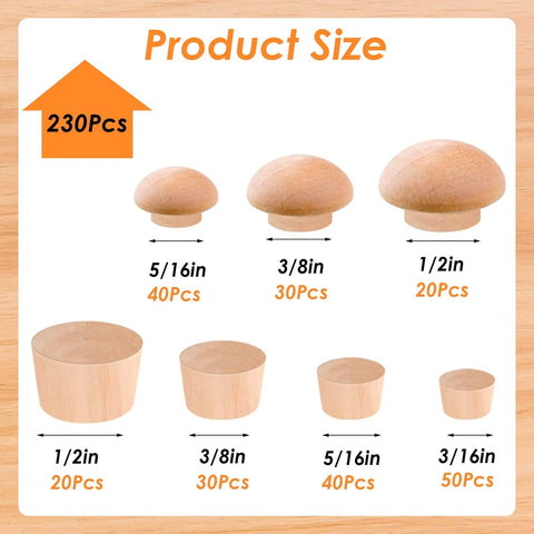 Product size chart for 230 Piece Wood Hole Plug Kit with Mushroom and Flush Styles showing plug sizes and quantities