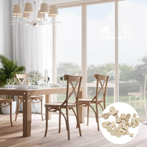Table and chairs in a dining room with inset of Wood Hole Plugs Set With 160 Pieces In Four Sizes Flat Head Wooden Plugs