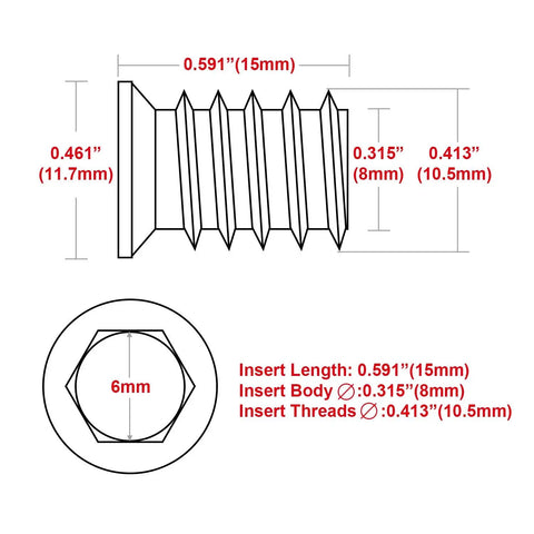 Technical drawing of 40 Piece Set Of 1 Quarter Inch 20 Threaded Wood Inserts And Furniture Screws For Wood Furniture With Hex Socket Drive 15 Millimeter Length Carbon Steel Durable Fasteners With Hex Spanner By Anwenk