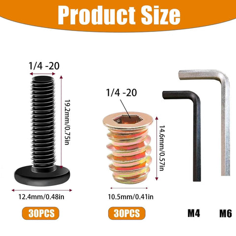 Illustration of 30 Sets 1/4-20 Threaded Wood Inserts For Furniture Screws with hex socket size details and two hex wrenches.