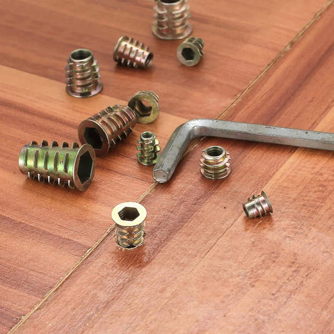 230 Piece Threaded Wood Inserts Set With 11 Sizes M4 M5 M6 M8 M10 Hex Socket Drive Furniture Fasteners on wooden surface