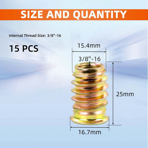 Three Eighths Inch Threaded Wood Inserts For Furniture Nutserts With Hex Drive Sixteen Threads Per Inch Twenty Five Millimeter Length Heavy Duty Zinc Plated Carbon Steel Easy Install Pack Of Fifteen shown with dimensions