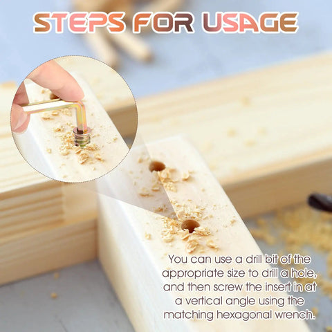 Installing a wood threaded insert with hex wrench in softwood, part of the Wood Threaded Inserts Kit With Hex Wrench, 191 PC Set in Three Sizes 1/4-20 5/16-18 3/8-16 for DIY Furniture Repair and Assembly