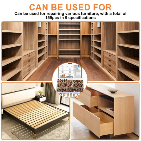 200 Piece Metric Threaded Wood Inserts Kit M4 M5 M6 M8 M10 for furniture fix, shown in wardrobes, bed frames, and drawers.