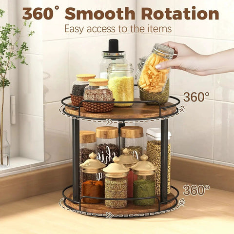 12.2 Inch Wood Lazy Susan Turntable Organizer With Two Tiers for cabinet kitchen countertop with spices and condiments displayed