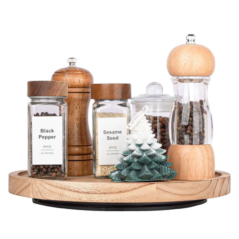 Wood lazy susan organizer kitchen turntable, 10 inch round decorative farmhouse tray in brown with spice jars and decor.