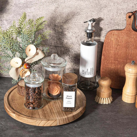 Wood lazy susan organizer kitchen turntable, 10 inch round decorative farmhouse tray in brown with jars and utensils.