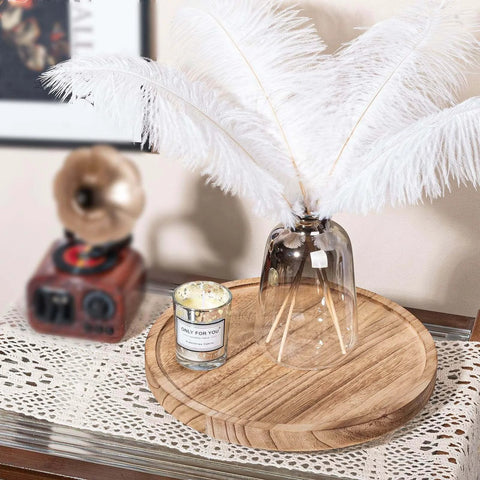 Wood lazy susan organizer kitchen turntable, 10 inch round decorative farmhouse tray in brown with decorative items on top.