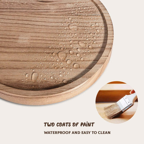 Close-up of wood lazy susan organizer kitchen turntable, 10 inch round decorative farmhouse tray in brown, showing waterproof finish.