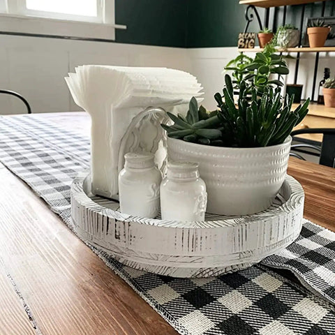 12 Inch Wood Lazy Susan Turntable Organizer For Kitchen Counters And Pantries with plants and bottles, rustic farmhouse decor