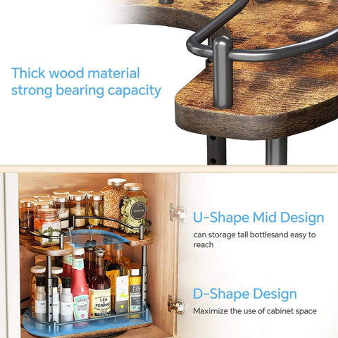 12 Inch D Shaped Lazy Susan Spice Rack Organizer, Height Adjustable Two Tier Rotating Turntable in wooden cabinet storage