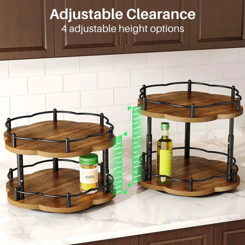 Two Tier Wood Lazy Susan Spice Rack Organizer With 360 Degree Rotating Turntable for Cabinet Pantry and Countertop Adjustable Height