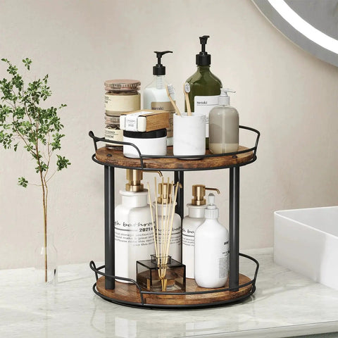 12.2 Inch Wood Lazy Susan Turntable Organizer With Two Tiers For Cabinet Kitchen Countertop Pantry And Bathroom Storage Space Saving Spice Rack For Tabletop And Shelves holding toiletries