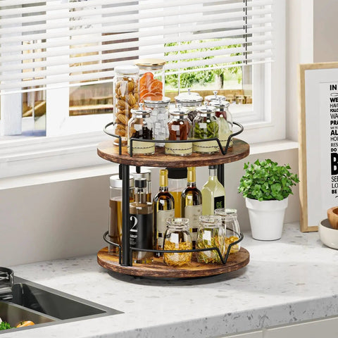 12 Inch Wood Lazy Susan Two Tier Rotating Spice Rack Turntable Organizer For Kitchen Countertop And Cabinet Rustic Brown