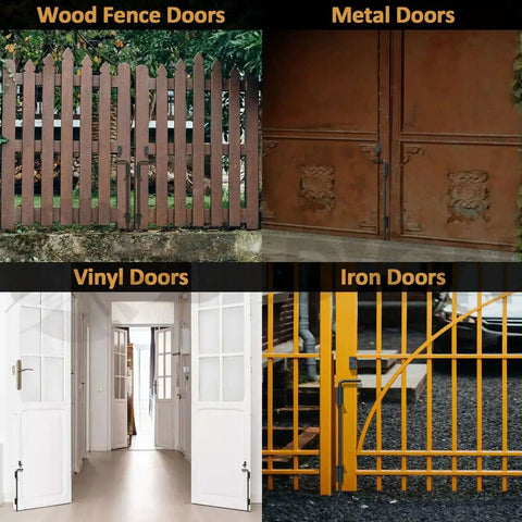Different door types for using 18 Inch Cane Bolt Gate Drop Rod Heavy Duty Gate Hardware; wood, metal, vinyl, and iron fence gates