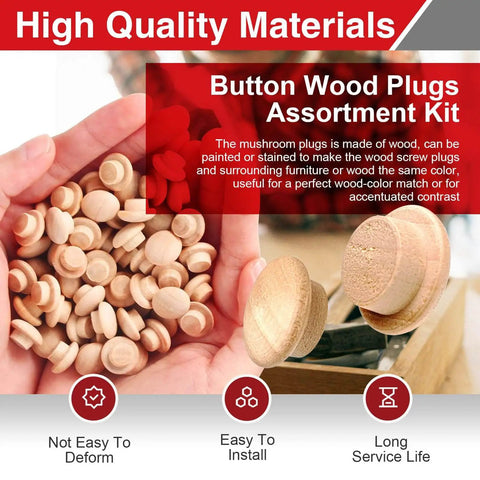 Assorted Wood Plug Kit With 144 Pieces In Four Sizes 3/16 Inch, 5/16 Inch, 3/8 Inch And 1/2 Inch for screw holes, shown in hand and installed on wood