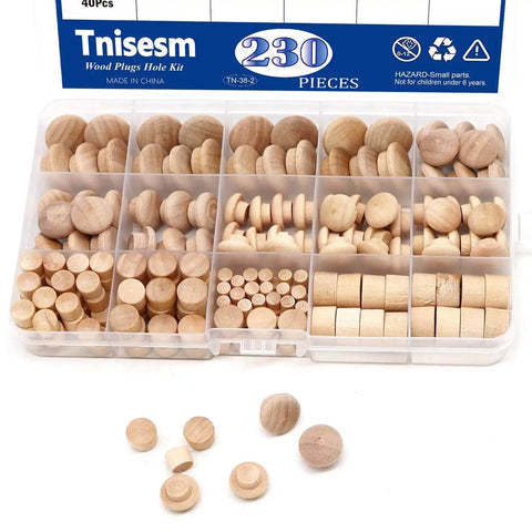 230 Piece Wood Hole Plug Kit With Mushroom And Flush Styles, Includes 1/2, 3/8, 5/16 And 3/16 Inch Plug Sizes, Screw Cover Caps, Assorted Wood Plugs With Organizer Case For Quick Woodworking And Furniture Repair