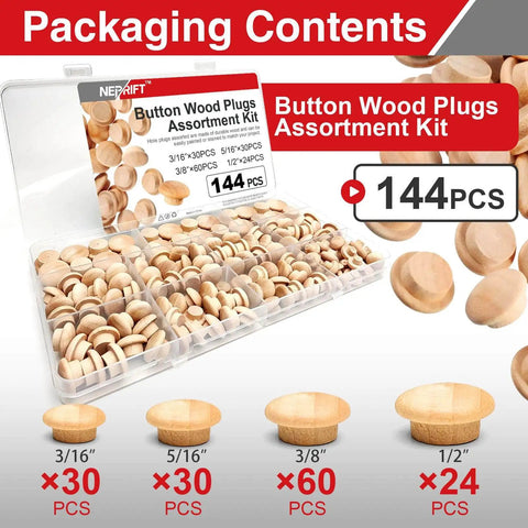 Assorted Wood Plug Kit With 144 Pieces In Four Sizes 3/16 Inch, 5/16 Inch, 3/8 Inch And 1/2 Inch For Screw Holes Perfect For Furniture Repair