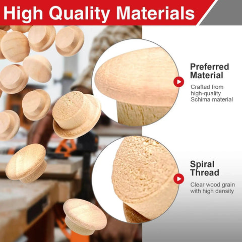 Image of Assorted Wood Plug Kit with 144 pieces in four sizes showing close-up of high-quality Schima wood plugs and spiral thread details.