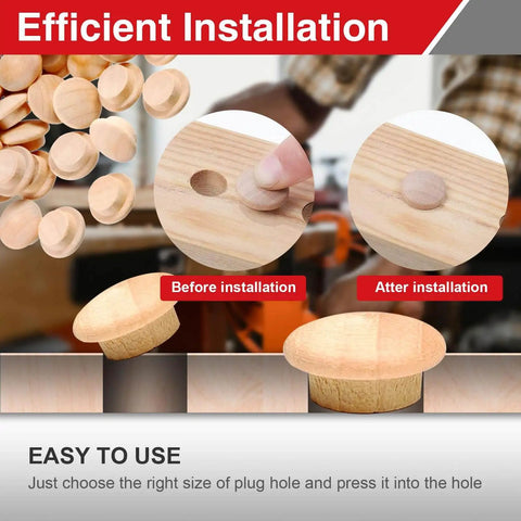 Assorted Wood Plug Kit With 144 Pieces In Four Sizes 3/16 Inch, 5/16 Inch, 3/8 Inch And 1/2 Inch For Screw Holes Perfect For Furniture Repair, Tables, Chairs, Cabinetry And Craft Projects, Conceal Holes And Finish Woodwork Like A Pro showing installation process and wood plugs before and after use