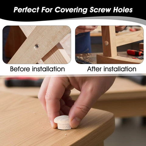 120 Piece Wood Plug Set For Screw Holes With Mushroom Head Shape Three Sixteenths Inch Five Sixteenths Inch Three Eighths Inch And One Half Inch Sizes Hardwood Hole Plugs For Gap Filling Furniture Repair Locking Tube Covers Durable Wood Caps being installed on furniture surface.