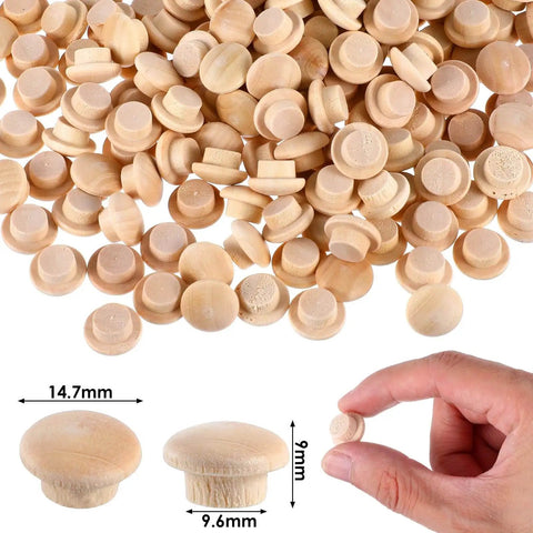 200 Pcs Three Eighths Inch Wood Plugs For Screw Holes Mushroom Button Round Head Covers shown in hand and assorted sizes