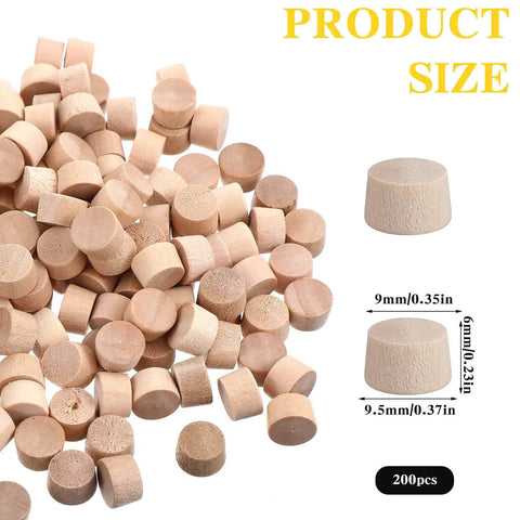 Image of 200 Pack Three Eighth Inch Wood Plugs For Screw Holes Flat Head Furniture Covers For Cabinets Doors And Wood Decor Hide Unsightly Screws Seamless Finish showing product size and dimensions.