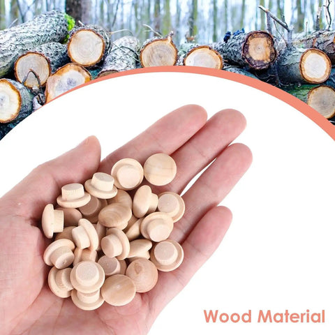 Hand holding 200 Pcs Three Eighths Inch Wood Plugs For Screw Holes Mushroom Button Round Head Covers Hardwood Hole Plugs