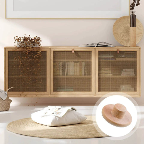 Wood Plugs Set in 4 Sizes for DIY Furniture Repair and Cabinet Gaps 120 Pieces Hardwood Hole Plugs Button Stoppers for Smooth Finishes Three Sixteenths Inch, Five Sixteenths Inch, Three Eighths Inch, One Half Inch Bucherry shown next to a wooden cabinet with a clear close-up of a plug.