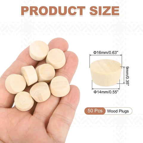 Hand holding 50 Pack Five Eighth Inch Flat Head Wood Plugs That Cover Screw Holes For Furniture Cabinets And DIY Projects Assortment Kit