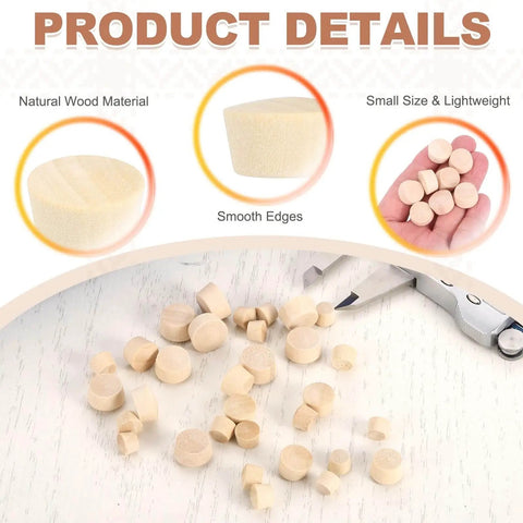 Various sizes of 50 Pack Five Eighth Inch Flat Head Wood Plugs That Cover Screw Holes For Furniture Cabinets And DIY Projects Assortment Kit Includes Wood Plug Caps For Seamless Finish And Concealment In Tables Legs And Outdoor Gear, showing smooth edges and natural wood material.